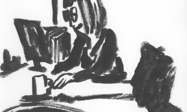 black and white line sketch of two people in a meeting, one is at a computer