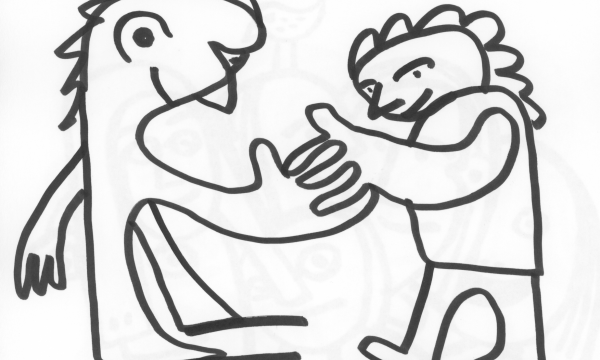 Black and white sketch of two people locking fingers