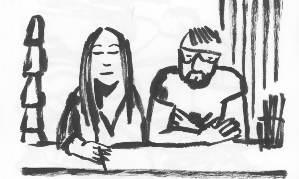 black and white sketch of two people by Fabric Lenny