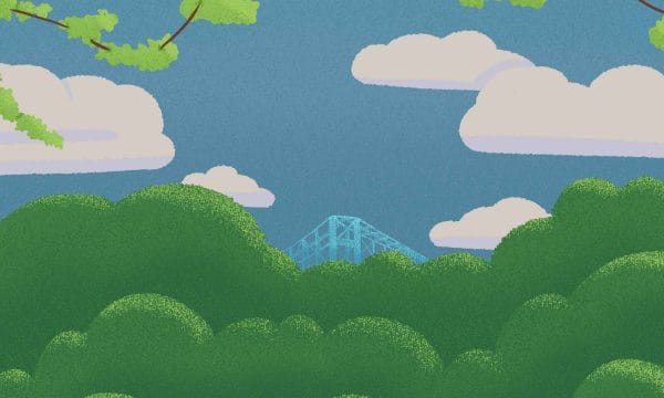 Illustration of Middlesbrough's Transporter Bridge behind trees