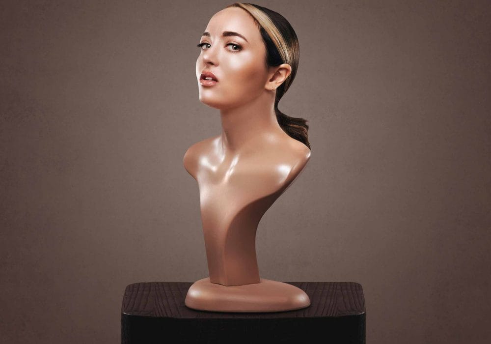 Fern Brady's head on a traditional bust sculpture