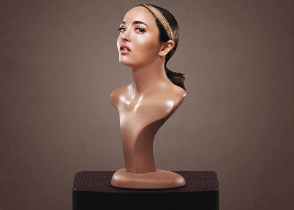 Fern Brady's head on a traditional bust sculpture