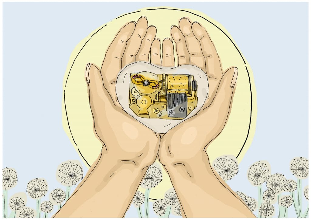 Illustrated hands cupping a heart shaped music box