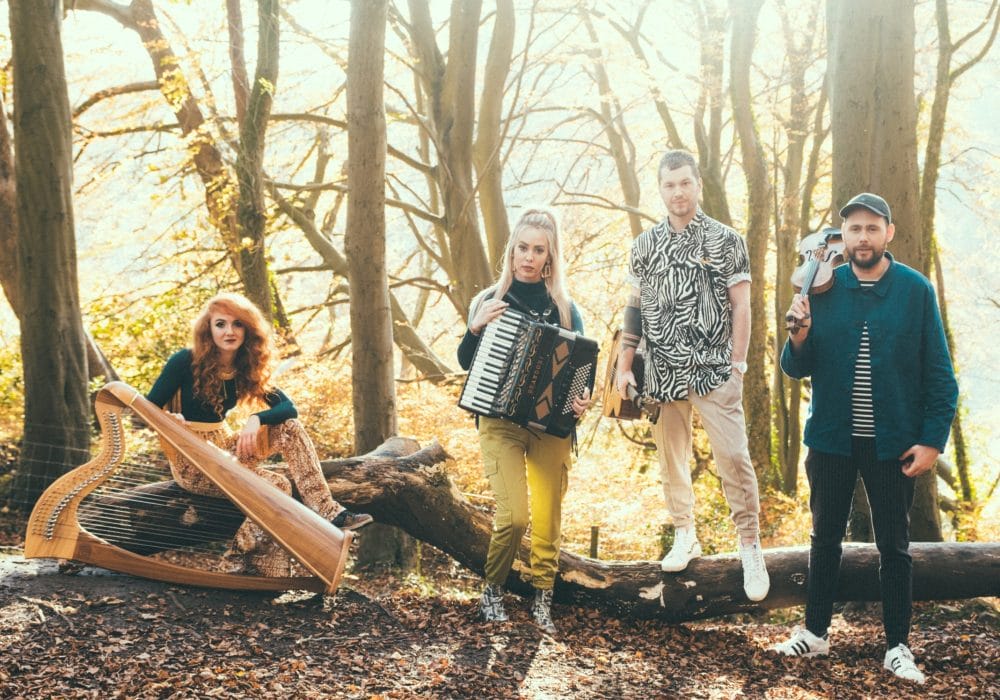 Folk band Calan stand in a golden tinged forest. On the left is a red-haired harpist sitting on top of a fallen tree trunk, an accordian player holds her instrument, and a guitarist and violinist are both standing beside the same fallen tree.