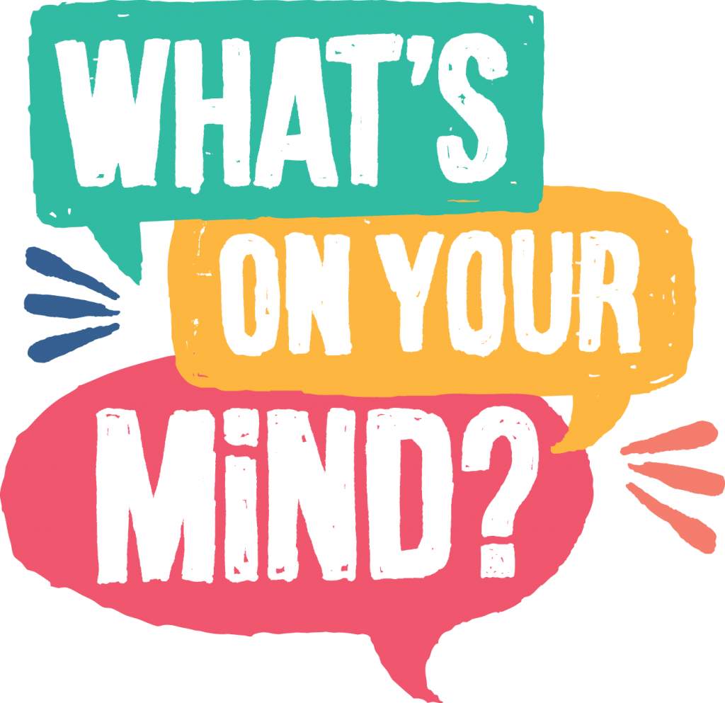 What's On Your Mind logo - text in different coloured boxes, designed to look like speech bubbles