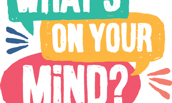 What's On Your Mind logo - text in different coloured boxes, designed to look like speech bubbles