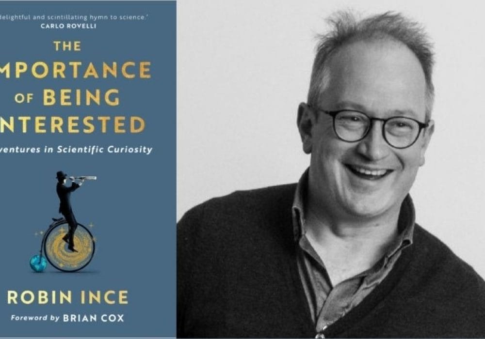 Black and white image of Robin Ince alongside a colour image of his new book 'The Importance of Being Interested'