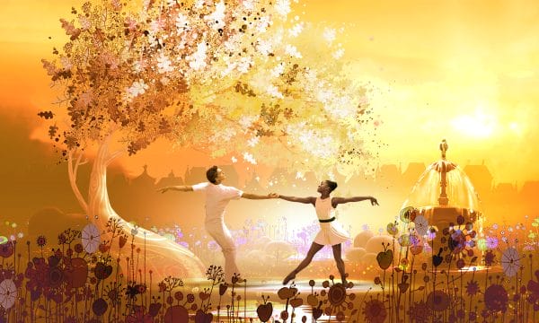A female and a male ballerina dance against a bright backdrop of trees and the setting sun
