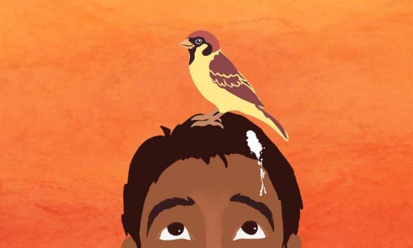 An illustration of a bird sitting on a boy's head