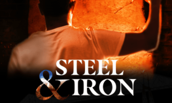 Text 'Steel & Iron' over an image of molten steel