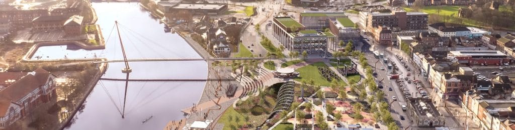 Aerial shot of Stockton Waterfront with Dunedin House and new community facility