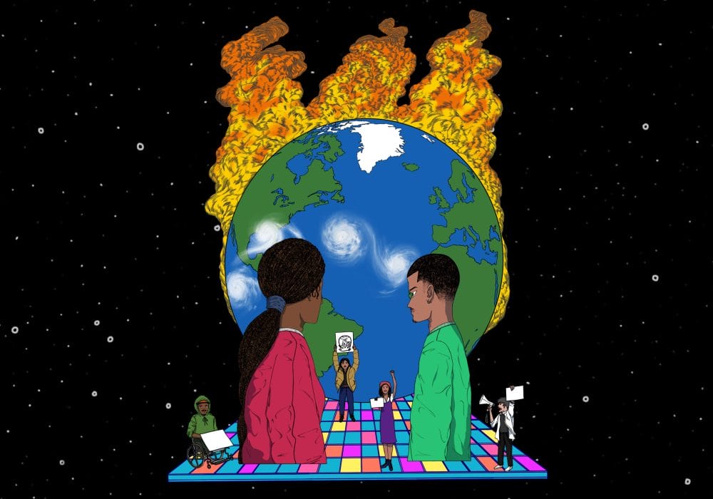 An illustration of two people watching the world burn. Underneath the world, climate activists stand on a brightly-coloured dancefloor.