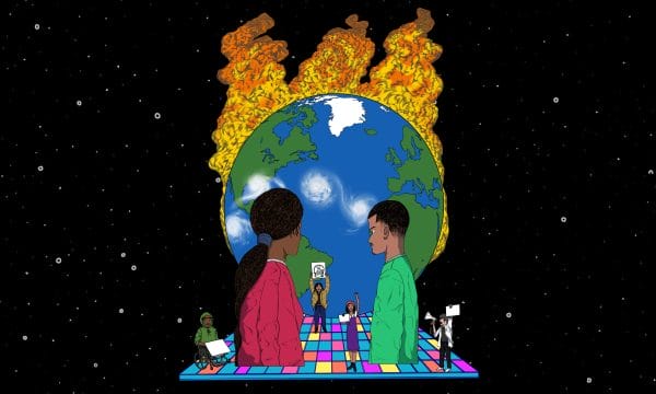 An illustration of two people watching the world burn. Underneath the world, climate activists stand on a brightly-coloured dancefloor.