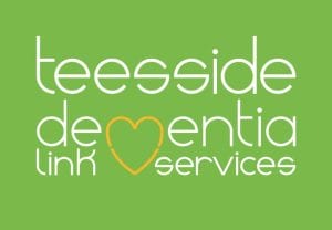 Green background with white text teesside dementia link services. The M in dementia is a yellow love heart