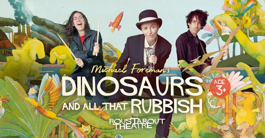 Three performers against a brightly coloured illustrated background of dinosaurs, animals,. trees, leaves, and industrial chimneys