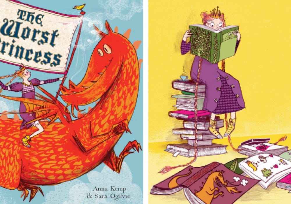 A collage of two images - The Worst Princess book cover on the left, and an illustration of the princess sitting on a pile of books, reading, on the right