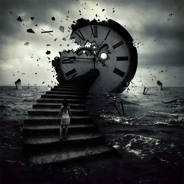 A person walks up stone steps rising out of the sea, towards a large smashed clock at the top