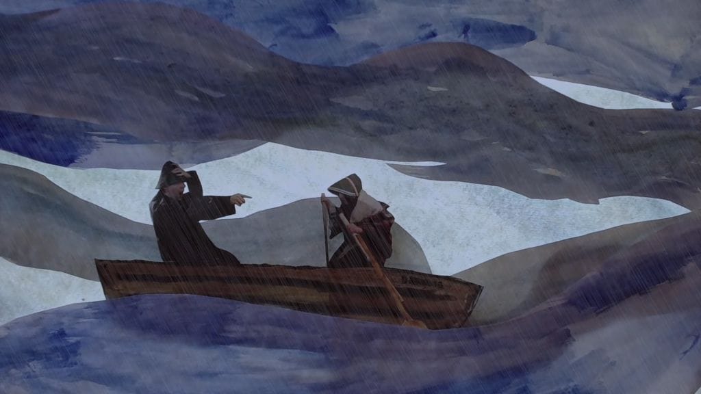 Still from a short animated film about the Grace Darling rescue. Grace and her father row a boat in a storm on an animated sea.