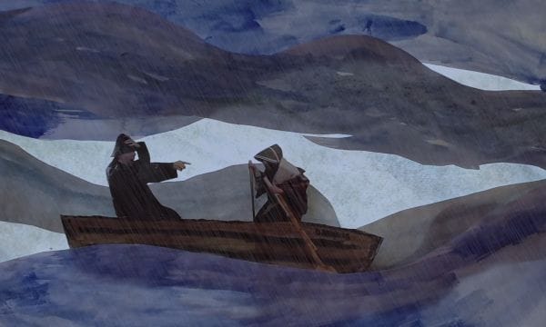 Still from a short animated film about the Grace Darling rescue. Grace and her father row a boat in a storm on an animated sea.