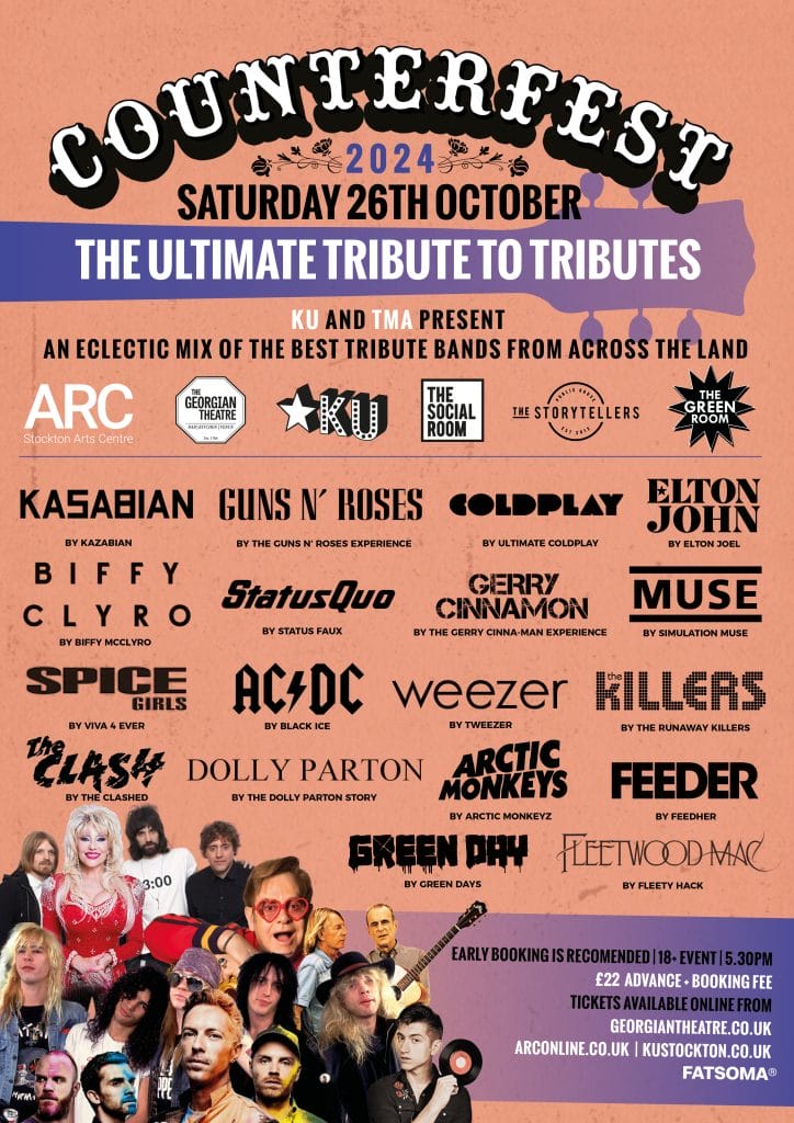 Poster for 'Counterfest 2024: The Ultimate Tribute to Tributes' on Saturday 26th October. It features a list of tribute bands performing as famous artists like Kasabian, Guns N' Roses, Coldplay, Elton John, Biffy Clyro, Status Quo, Muse, Spice Girls, AC/DC, Weezer, The Killers, The Clash, Dolly Parton, Arctic Monkeys, Feeder, Green Day, and Fleetwood Mac. The event is presented by KU and TMA at various venues including ARC Stockton Arts Centre. The background is peach-colored with a purple guitar silhouette. At the bottom are collaged images of various musicians. Ticket information and booking details are provided