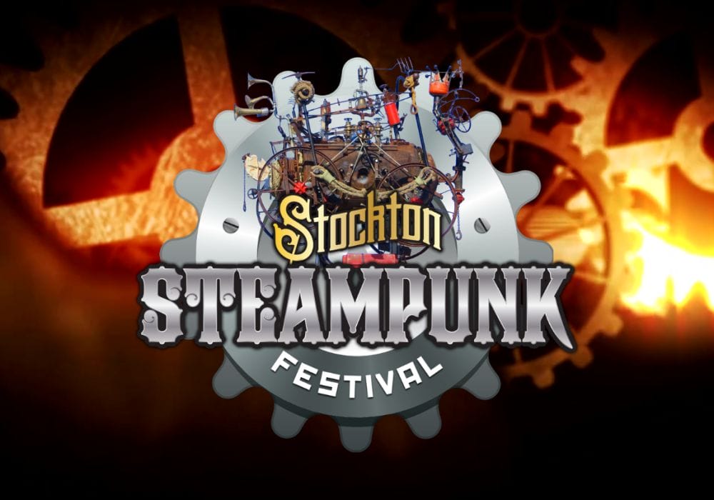 Stockton Steampunk festival logo. The logo is a silver cog overlayed with a photo of the Stockton Flyer with the words Stockton Steampunk Festival. There is a background of golden cogs behind the logo.