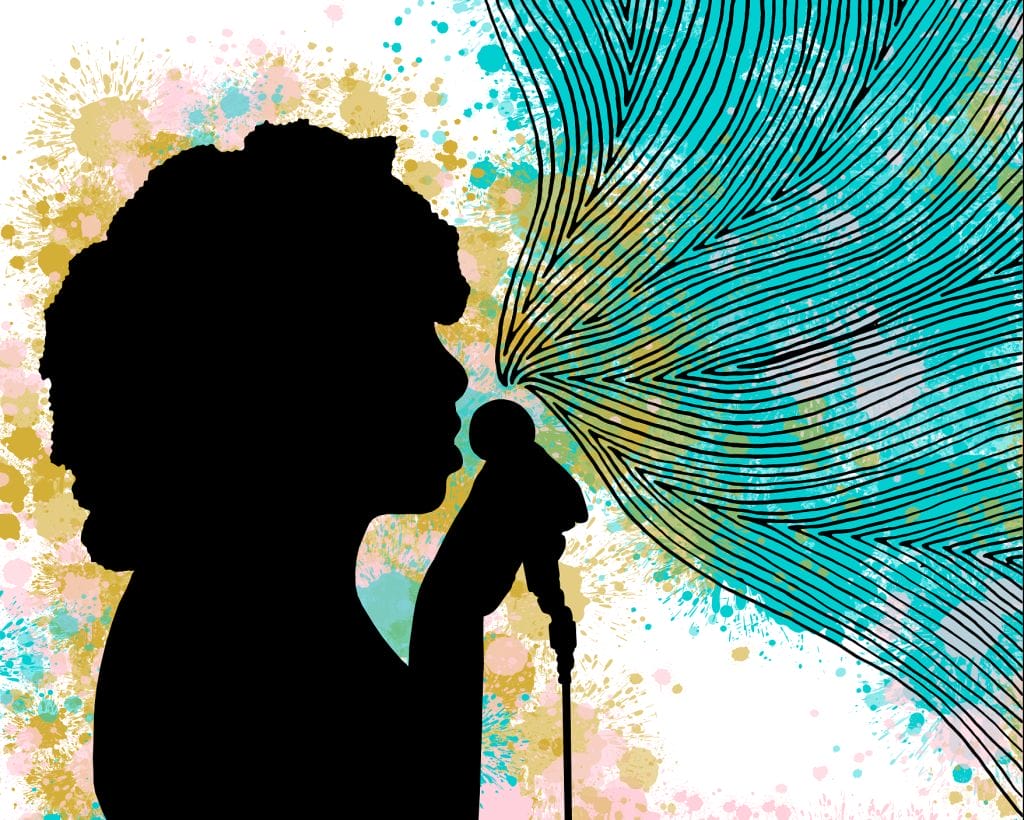 A person stands singing into a microphone with lots of patterns coming out of it.