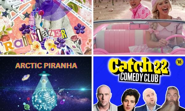 Promo images for four upcoming events at ARC - a collage representing the All The Women We Could Have Been exhibition; the Barbie movie; the ARCtic Piranha Space Disco; and the Catch 22 Comedy Club