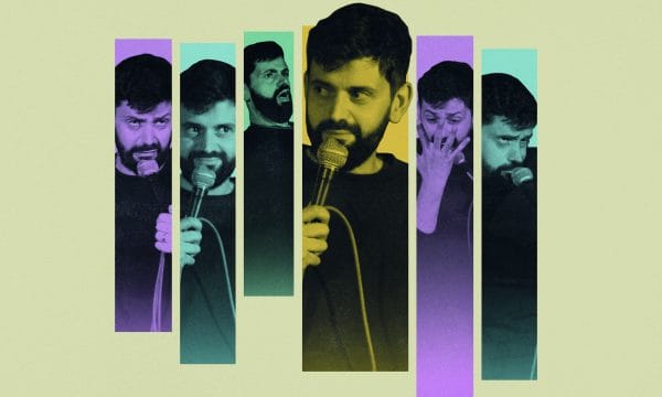 A collage of comedian Fin Taylor performing, the collage is split into 6 columns, all in varying shades of purple, yellow, and green.