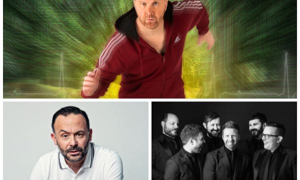 Collage with image of comedian Jason Byrne at the top in a red tracksuit in a running pose on a green graphic background, comedian Geoff Norcott sitting with a pensive look on his face, and band the Funk Collective in black and white wearing suits, and standing in a huddle making eye contact with each other and smiling.