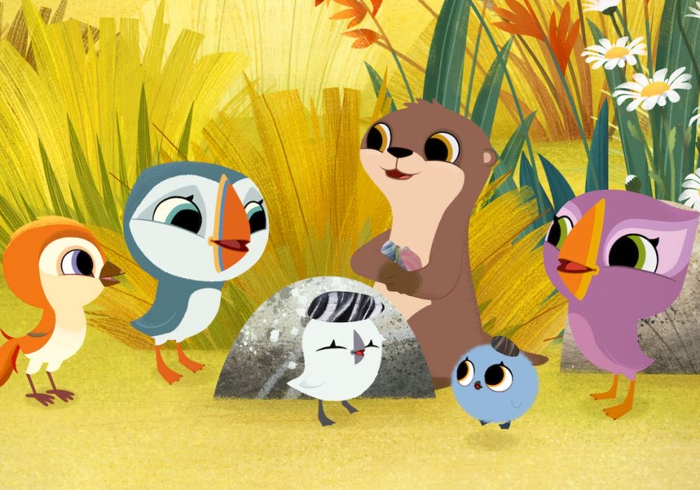 Animated picture of some cute animals including birds, an otter, a puffin, in a green space with plants in the background.