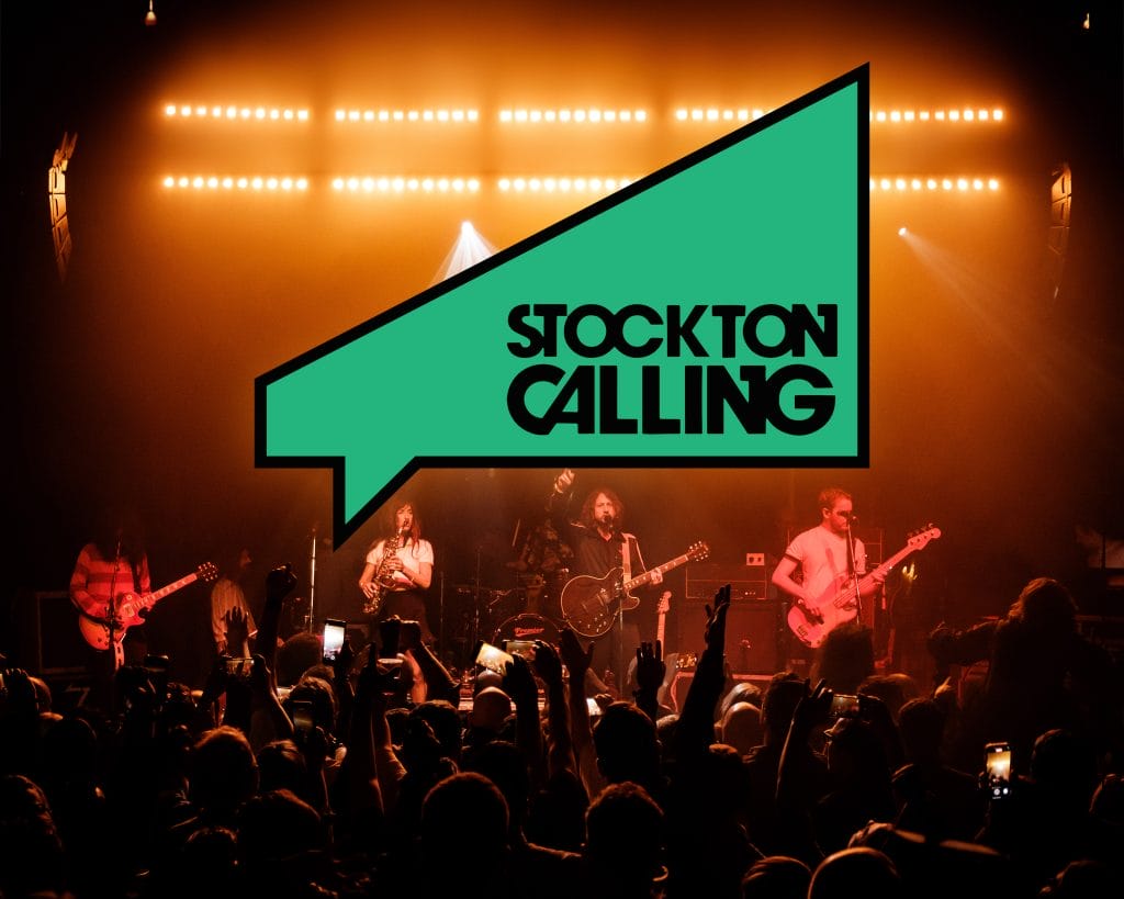 Stockton Calling's logo sits above a 4 piece band playing to a crowd of people