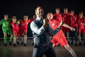 Actor as Gareth Southgate celebrating with England team,