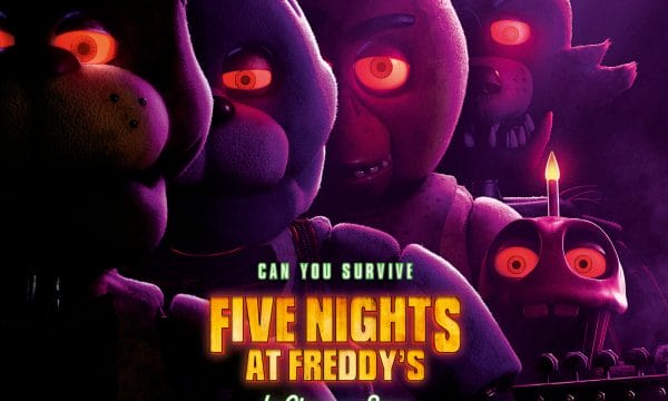 O,age of five creepy looking animal characters with glowing red eyes, the whole image as a creepy purple wash over it.