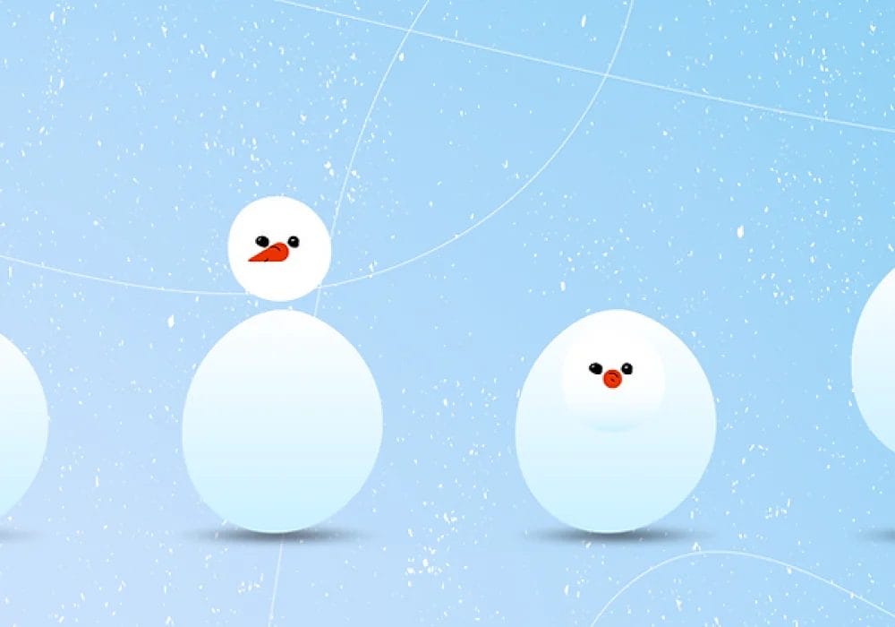 4 dynamic snowmen stretching their bodies on an ice ring background