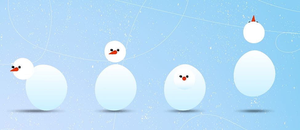 4 dynamic snowmen stretching their bodies on an ice ring background