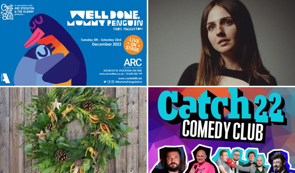 A collage of 4 images showing the artwork for Well Done, Mummy Penguin; a headshot of musician Amelia Coburn; a Christmas wreath; and the the title artwork and artist shots for Catch 22 Comedy Club