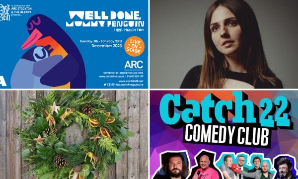 A collage of 4 images showing the artwork for Well Done, Mummy Penguin; a headshot of musician Amelia Coburn; a Christmas wreath; and the the title artwork and artist shots for Catch 22 Comedy Club