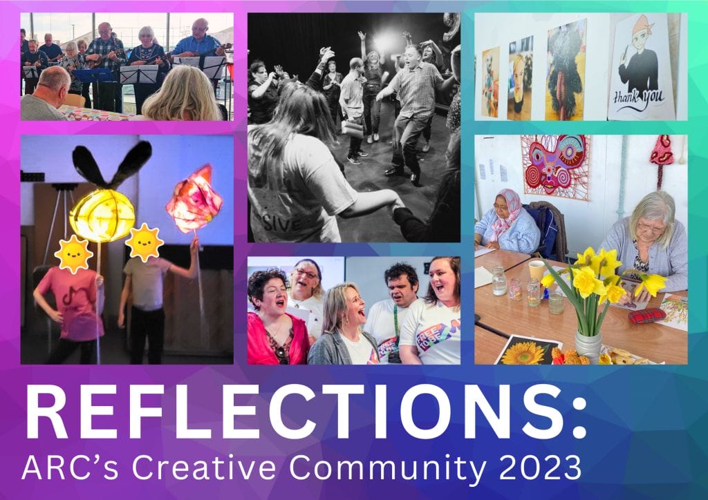 Collage of images showing different community groups at ARC. Reflections: ARC's Creative Community 2023