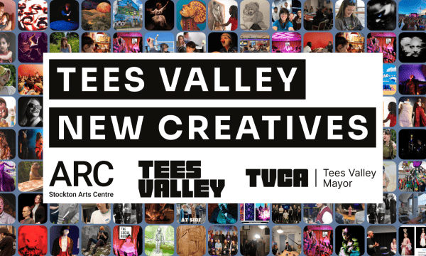 Tees Valley New Creatives logo which incorporates the logos of ARC, Tees Valley Combined Authority and Tees Valley Mayor, the background is a collage of images of members of the network and their work.