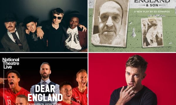 Collage of 4 images - The Libertines; Mark Thomas in England & Son; National Theatre Live: Dear England: and Catch 22 MC Russell Hicks