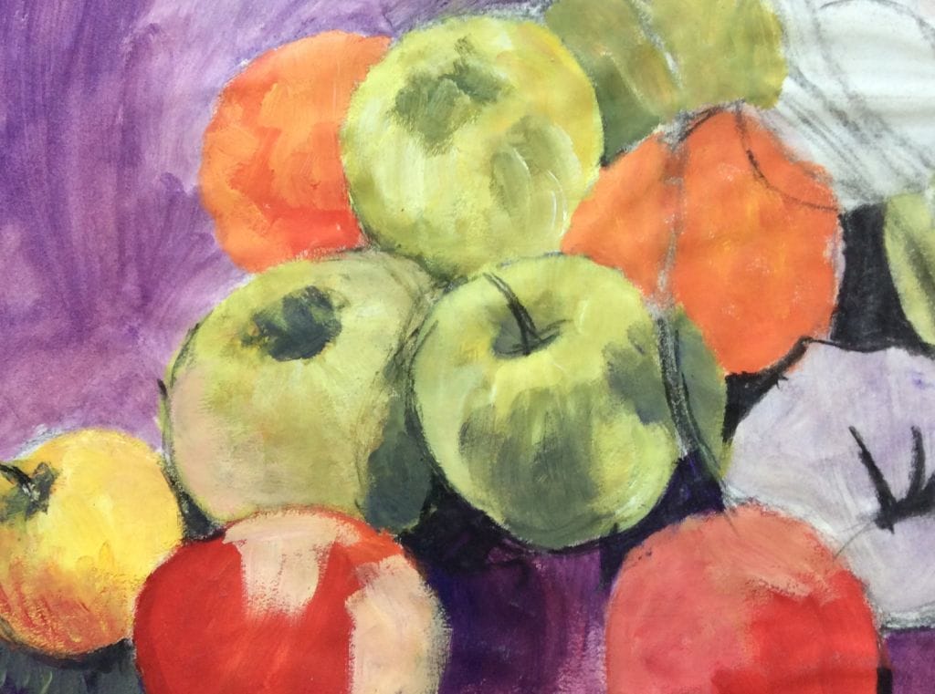 An oil pastel, still life drawing of fruit. It features green apples, and oranges against a purple background.