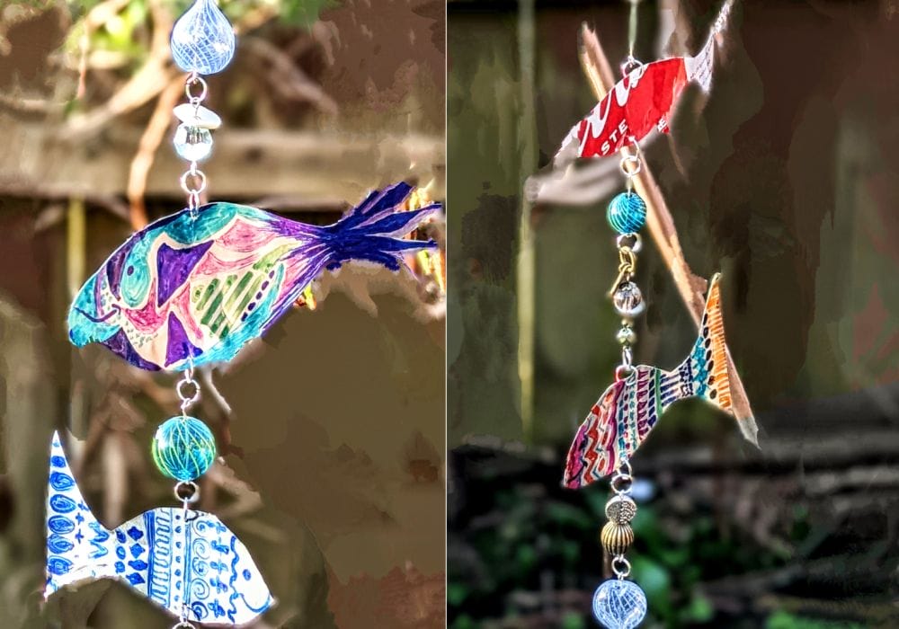 A side by side collage of two fish themed mobiles. There are colourful fish made from recycled cans hanging from a silver chain, with glass beads between each fish.