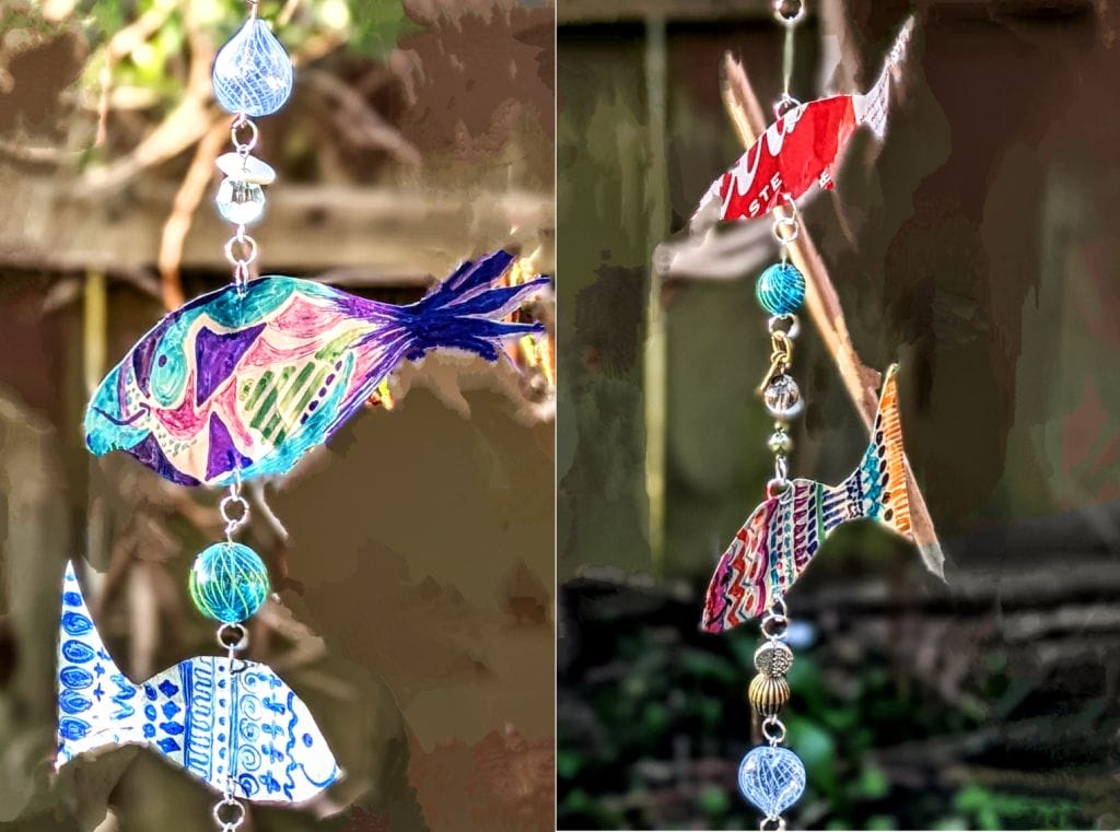 A side by side collage of two fish themed mobiles. There are colourful fish made from recycled cans hanging from a silver chain, with glass beads between each fish.