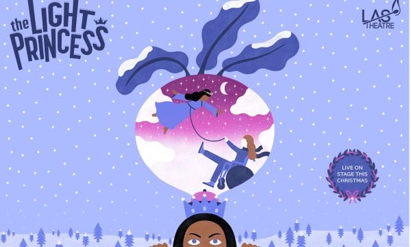 The images shows a snowy background on a lilac sky, a turnip in the middle contains within it the light princess floating on a background of a rosy sky and clouds, tethered around the waist and held by a girl in a wheelchair. Below the scene the queen peers out from behind a snowy hill. The top left hand corner contains a title that reads The Light Princess, and the top right corner has the logo of LAStheatre company.