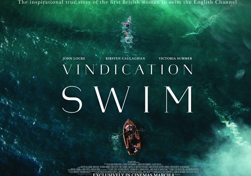 A large blue green ocean, at the bottom a small wooden row boat, with four people inside. At the top, a lone swimmer. Text reads "The inspirational true story of the first British woman to swim the English Channel."