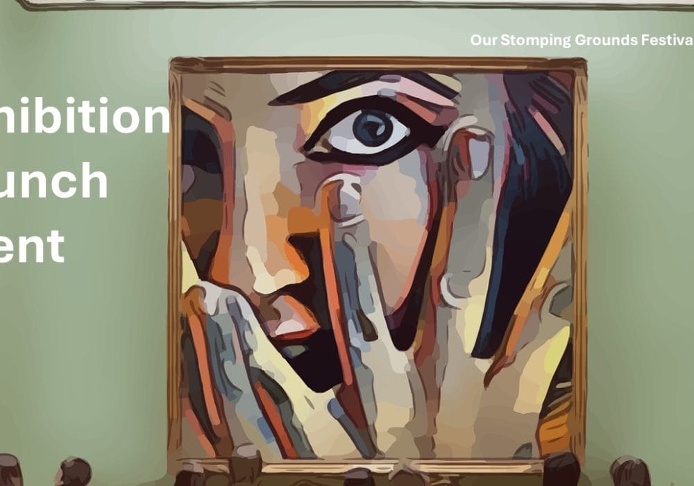 A graphic of an oil painting, the painting features a close up of a blue eye and a hand covering the bottom half of the face. Text reads: Exhibition Launch Event.