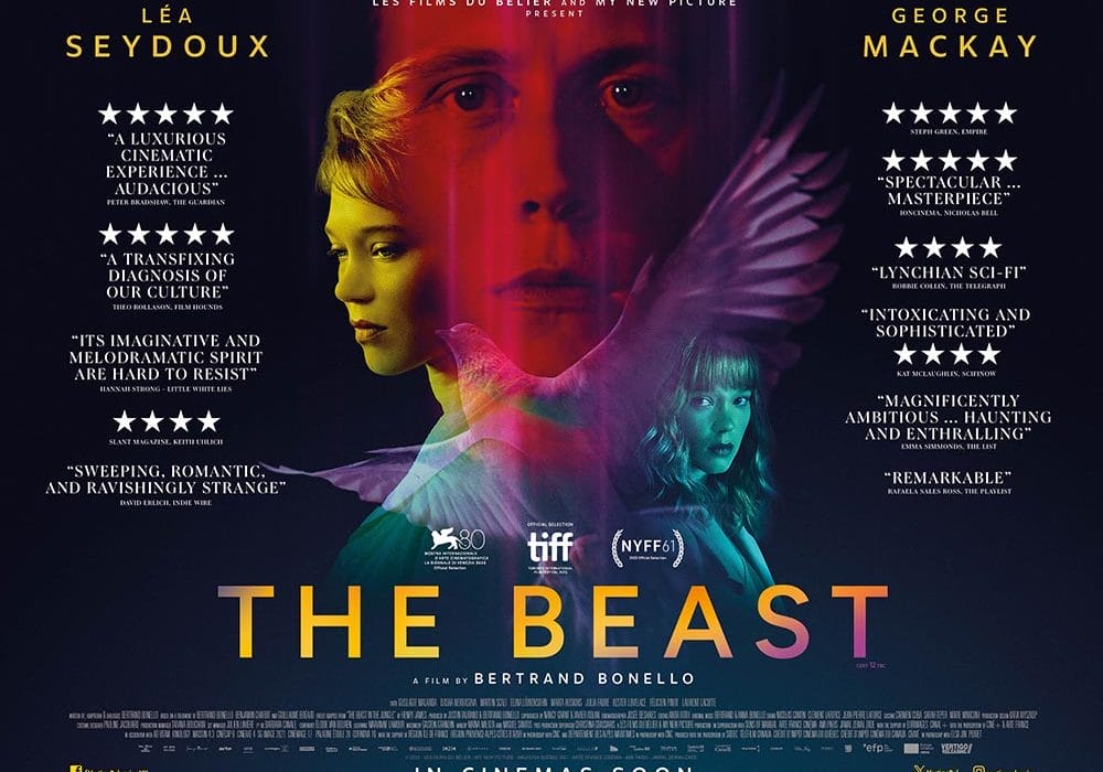 Image shows a male face tinted orange, there is a female face to the bottom left tinted yellow, a bird across the bottom of the image tinted purple and another female image tinted turquoise. Either side there is press feedback with The Beast in yellow text.