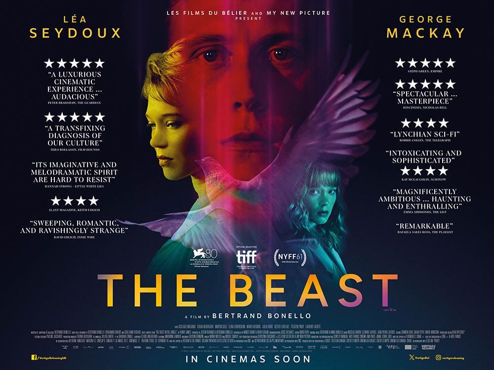 Image shows a male face tinted orange, there is a female face to the bottom left tinted yellow, a bird across the bottom of the image tinted purple and another female image tinted turquoise. Either side there is press feedback with The Beast in yellow text.