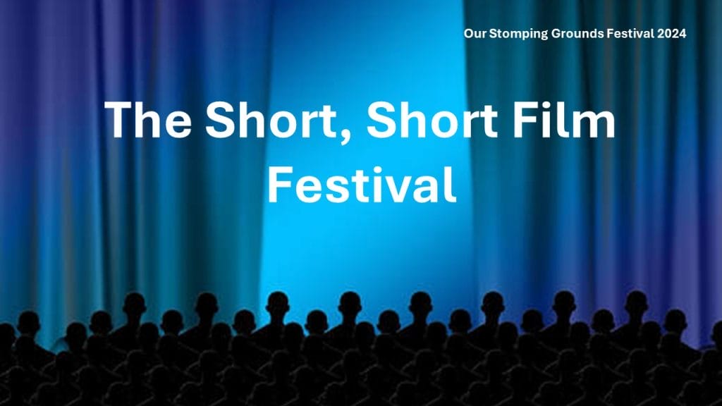 A silhouette of a cinema audience in front of a blue and purple screen, with part-opened curtains. Text reads: The Short, Short Film Festival.