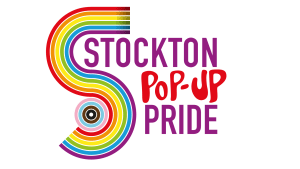 Stockton Pop-Up Pride logo, a large S in rainbow colours. Text in purple and red.